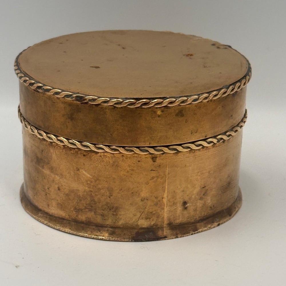 Vintage Brass Round Trinket Box Rope Twist Trim LDE Ship Store Nautical Decor